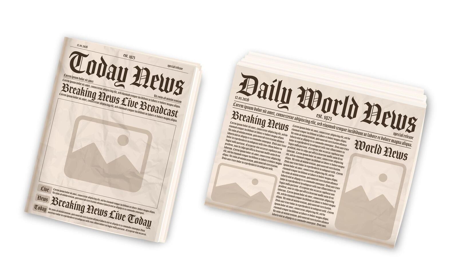 Old newspaper layout. Vertical and horizontal mockup of newspapers isolated on white background. vector
