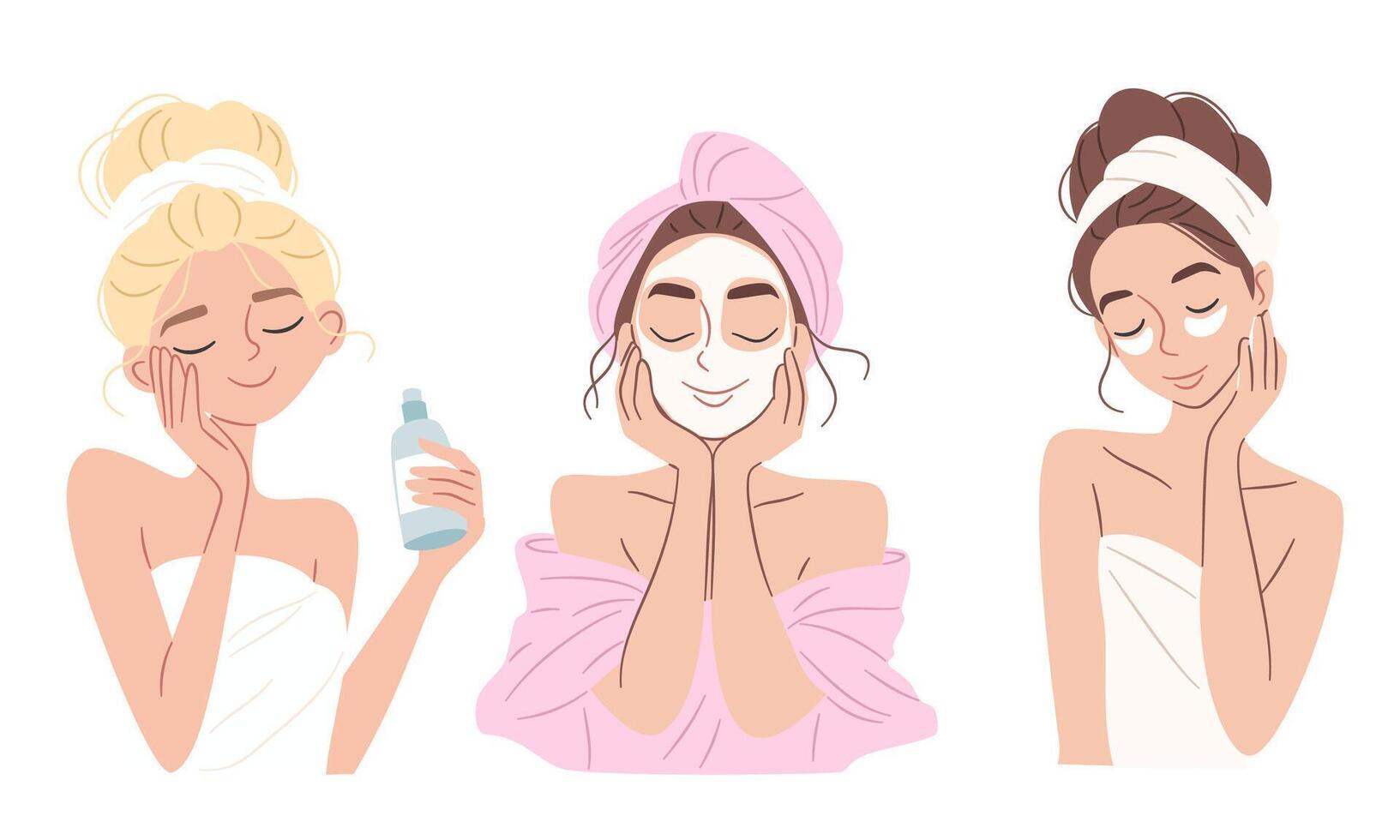 A set of flat illustrations in a simple style. Woman dressed in towel are engaged in cosmetic procedures, face masks and patches. Self-care and self-love concept vector