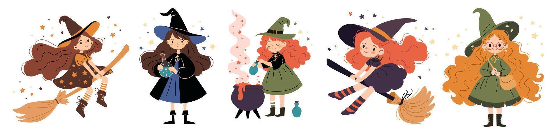 A set of flat illustrations in a simple children's style. Cute witches brewing potion, flying on a broom. Kind and cheerful witches girls vector