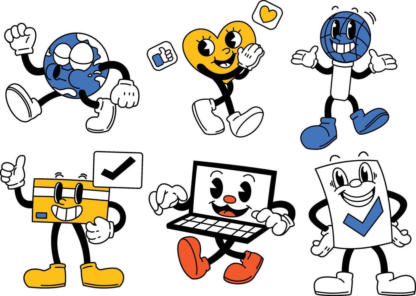 A set of retro mascot characters representing digital a concepts, tools, and analytics in a fun and dynamic style. vector