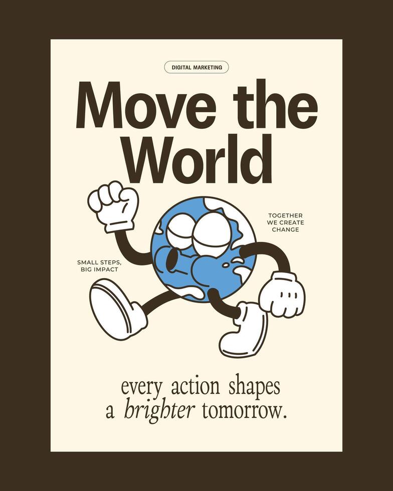 Retro-style poster featuring a dynamic globe mascot with bold typography, perfect for global campaigns or branding projects. vector