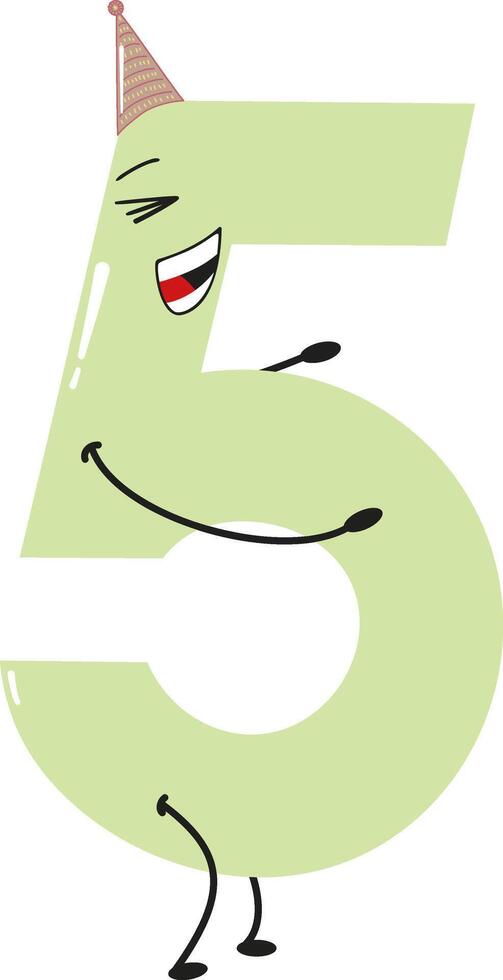A playful number 5 with a mischievous smile, wearing a party hat and striking a dynamic pose vector