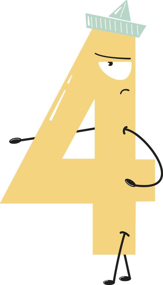 A cartoon style number 4 with a grumpy expression, wearing a pastel hat and pointing at something with its hand vector
