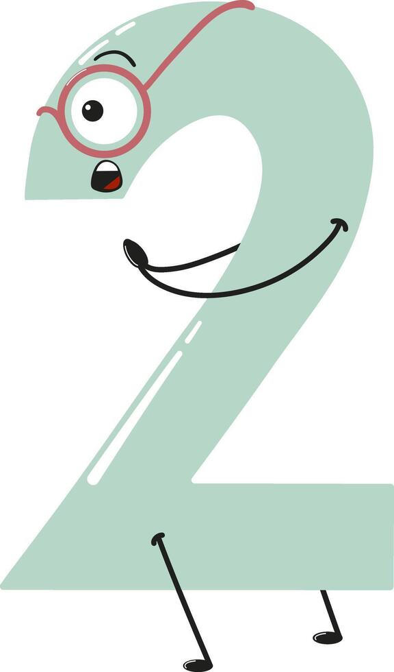 surprised number two in cartoon style wearing glasses vector