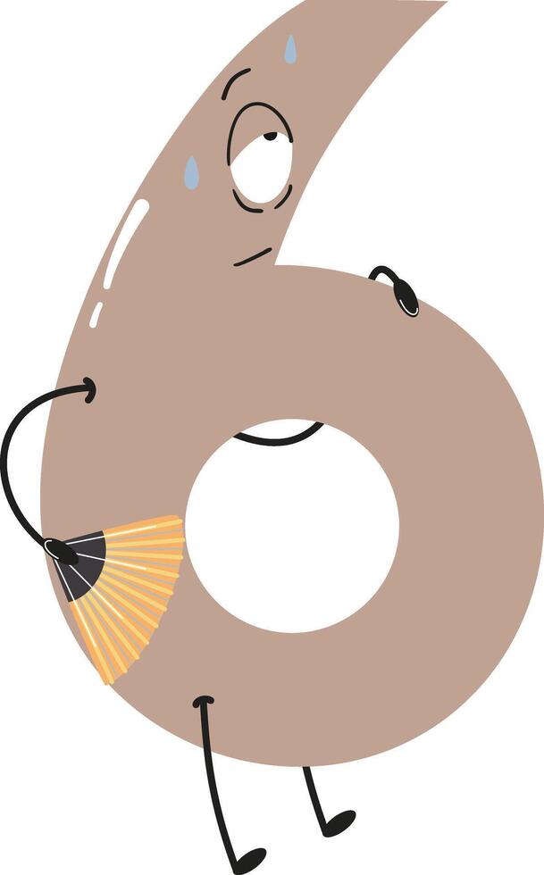 Cartoon number 6 looking tired, holding a fan vector