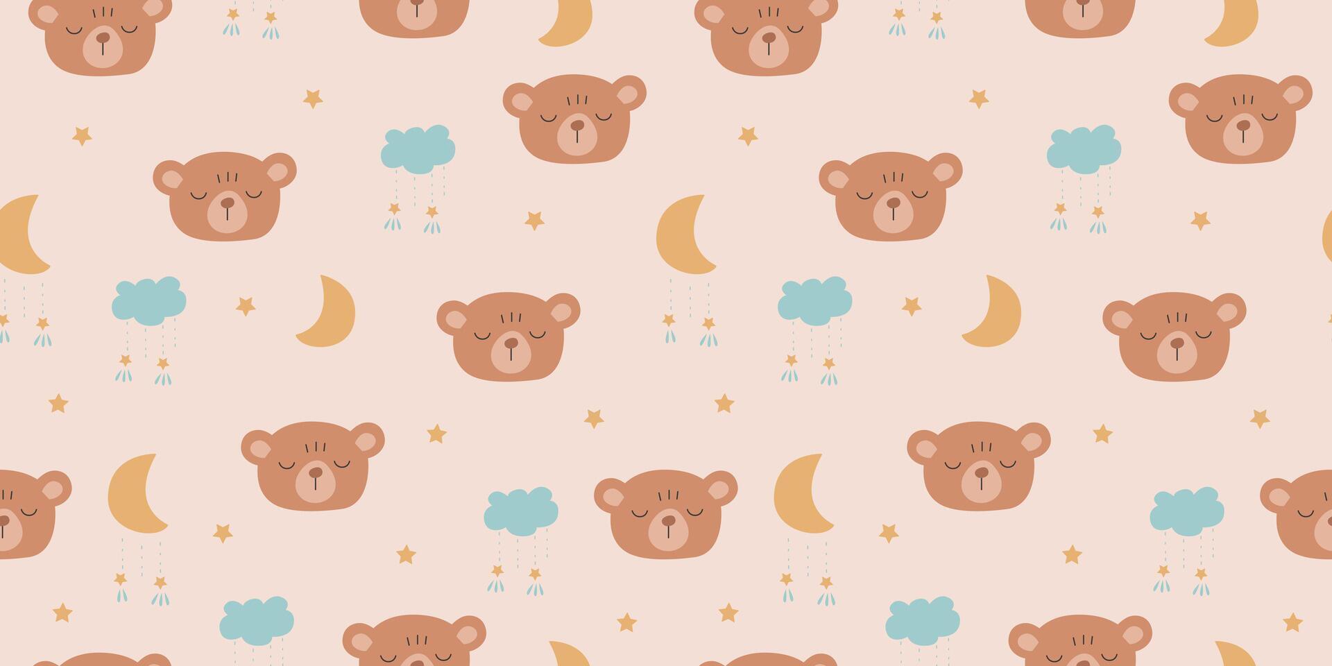 Seamless pattern with cartoon sleepping bear, cute teddy head, clouds, moon in scandinavian style. Boho illustration for textile, fabric, print design, wallpaper, gift paper vector