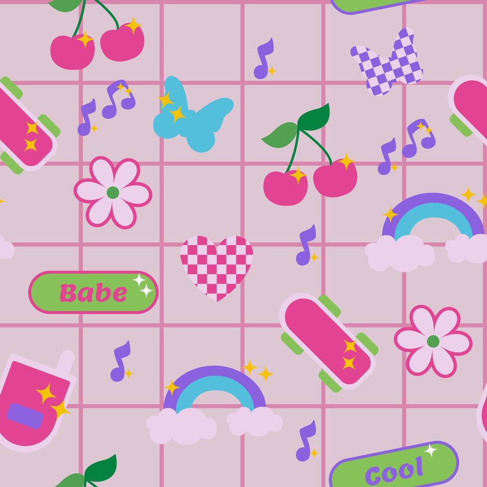 Seamless pattern butterfly, cherry, rainbow 2000s in y2k style. Illustration for textile, paper, fabric, background, print design vector