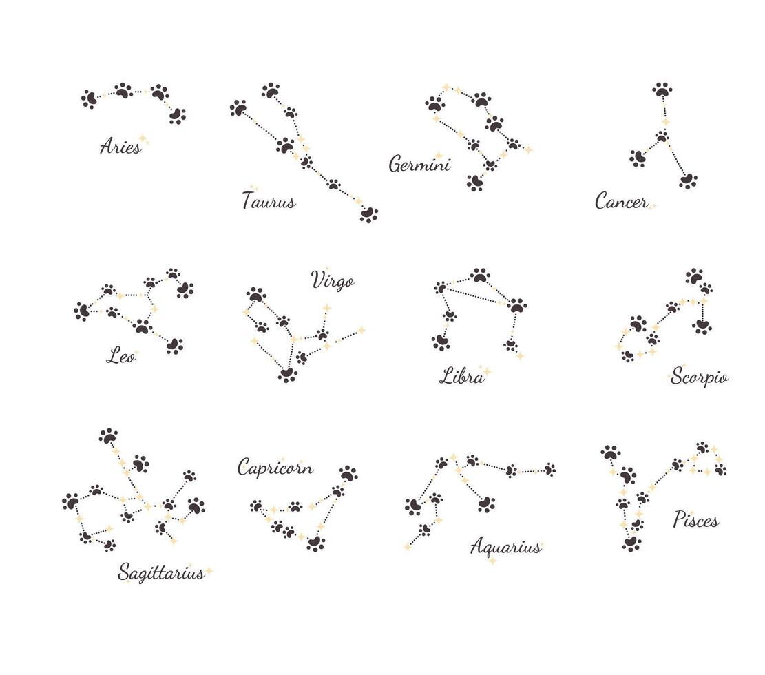 Constellations of twelve zodiac signs in shape of paws. Collection of paw stars, astrological signs illustration isolated on white background vector