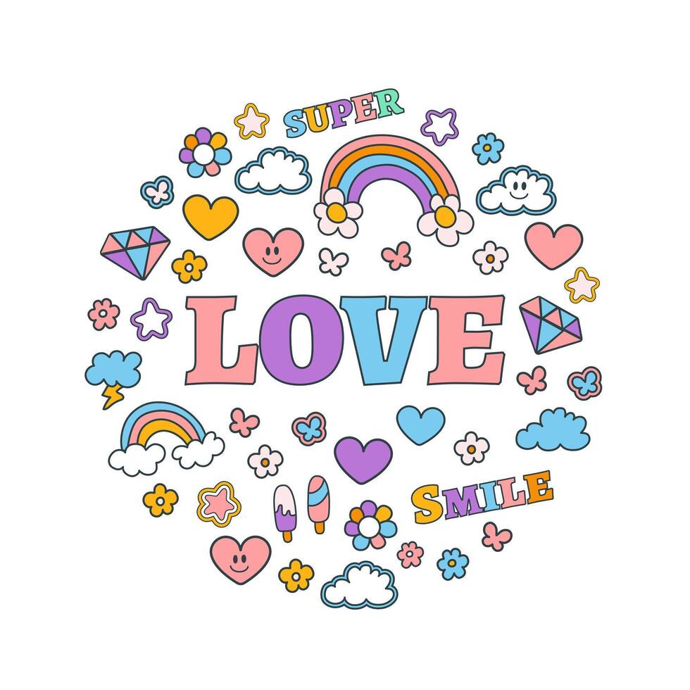 Set of trendy 2000s icons in y2k style. Hand drawn collection for social media, design elements, sticker pack, poster, card vector