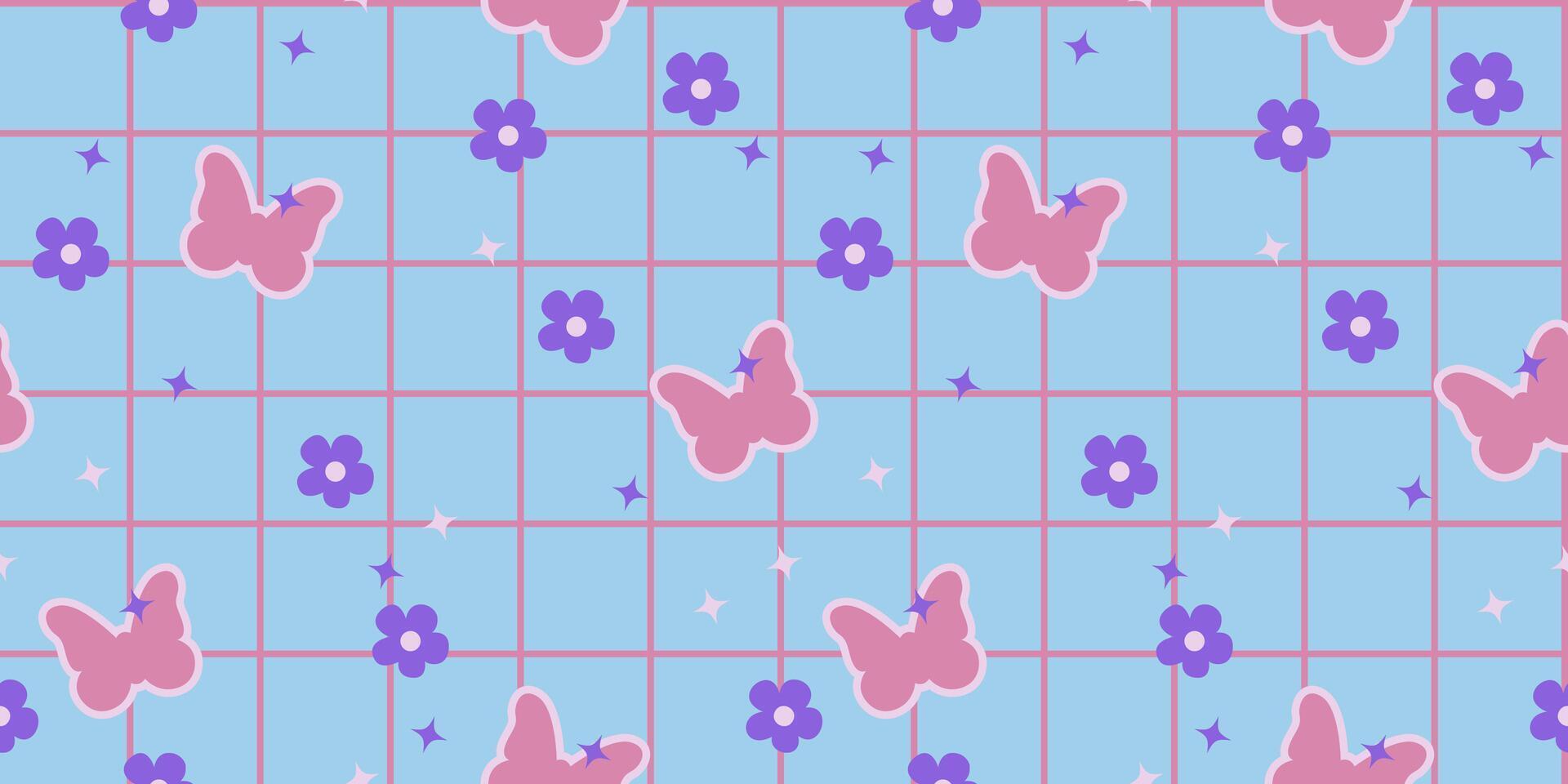 Seamless pattern butterfly 2000s, flowers, sparkles on blue checkered background in y2k style. Illustration for textile, paper, fabric, background, print design vector