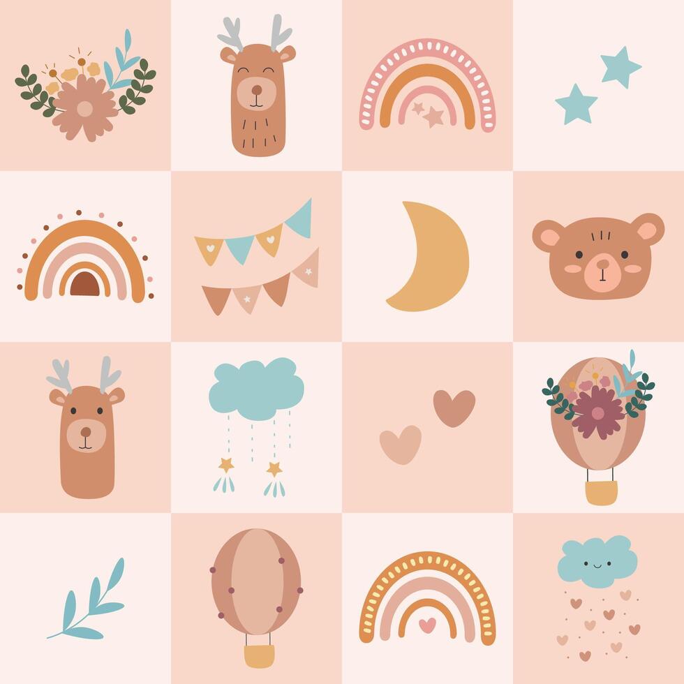 Bohemian seamless pattern in scandinavian style. Cartoon illustration in pastel beige colors for background, wallpaper, print, web vector