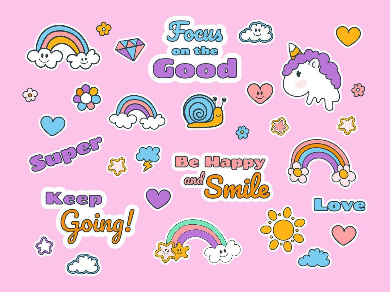 Set of trendy stickers in y2k style. Collection of hand drawn design elements 90s, 2000s rainbows, flowers, stars, motivation, weather illustration vector