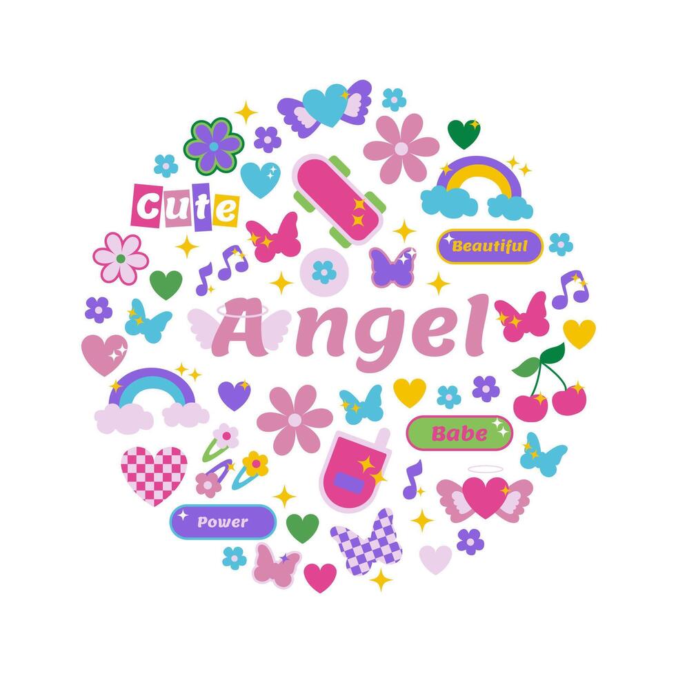 Set of trendy stickers in y2k style. Design elements butterfly, girls stuff, flowers, hearts, for poster, card illustration vector