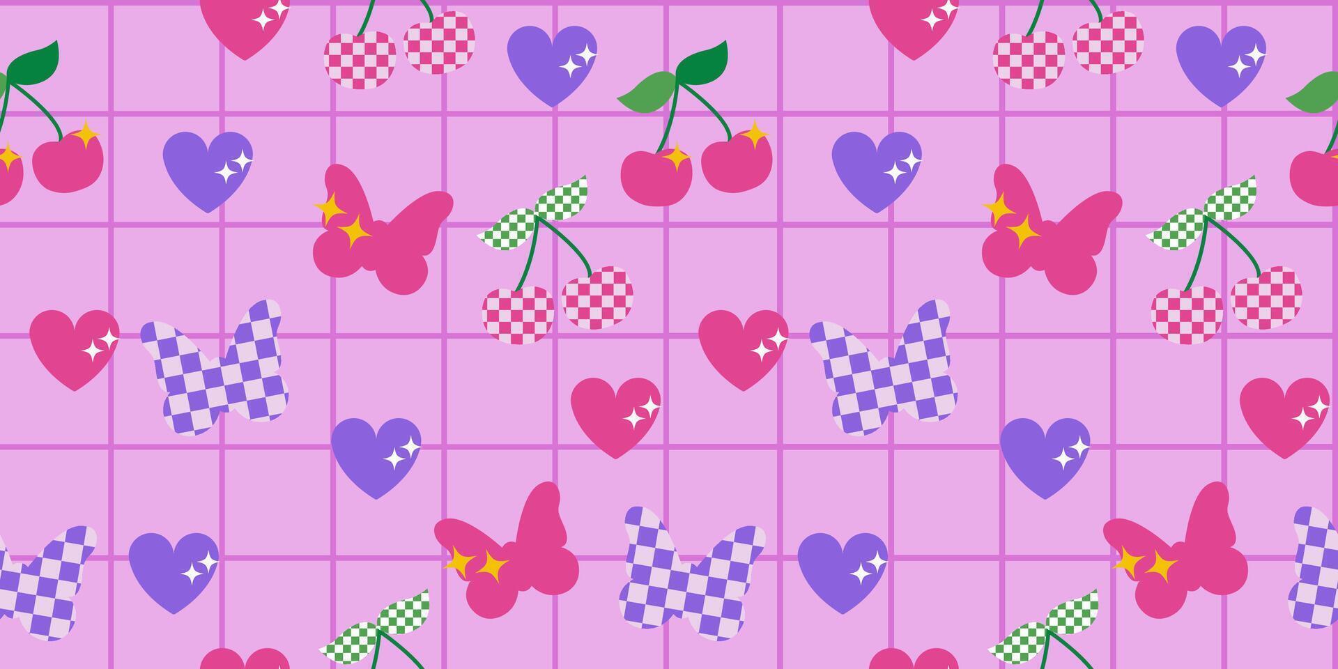 Seamless pattern butterfly cherry 2000s in y2k style. Illustration for textile, paper, fabric, background, print design vector