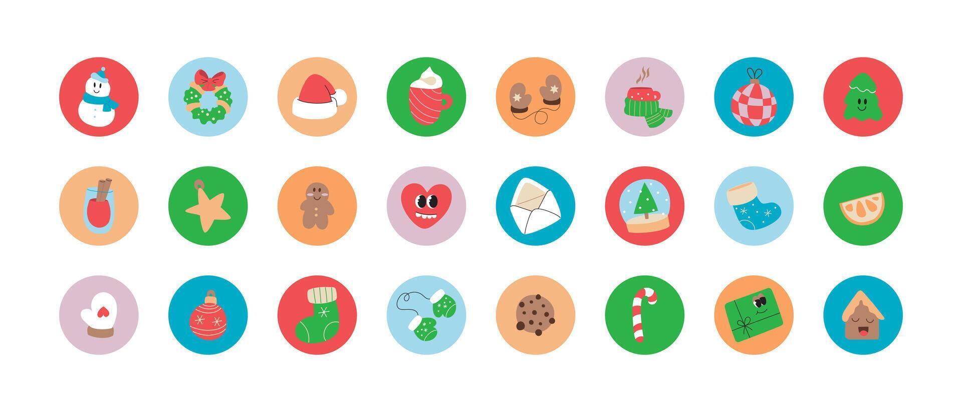 Cartoon Christmas round stickers pack in retro trendy style. Happy New Year collection of kawaii snowman, mascot tree, gift, gingerbread. Holday signs, symbols for highlights, print, web vector