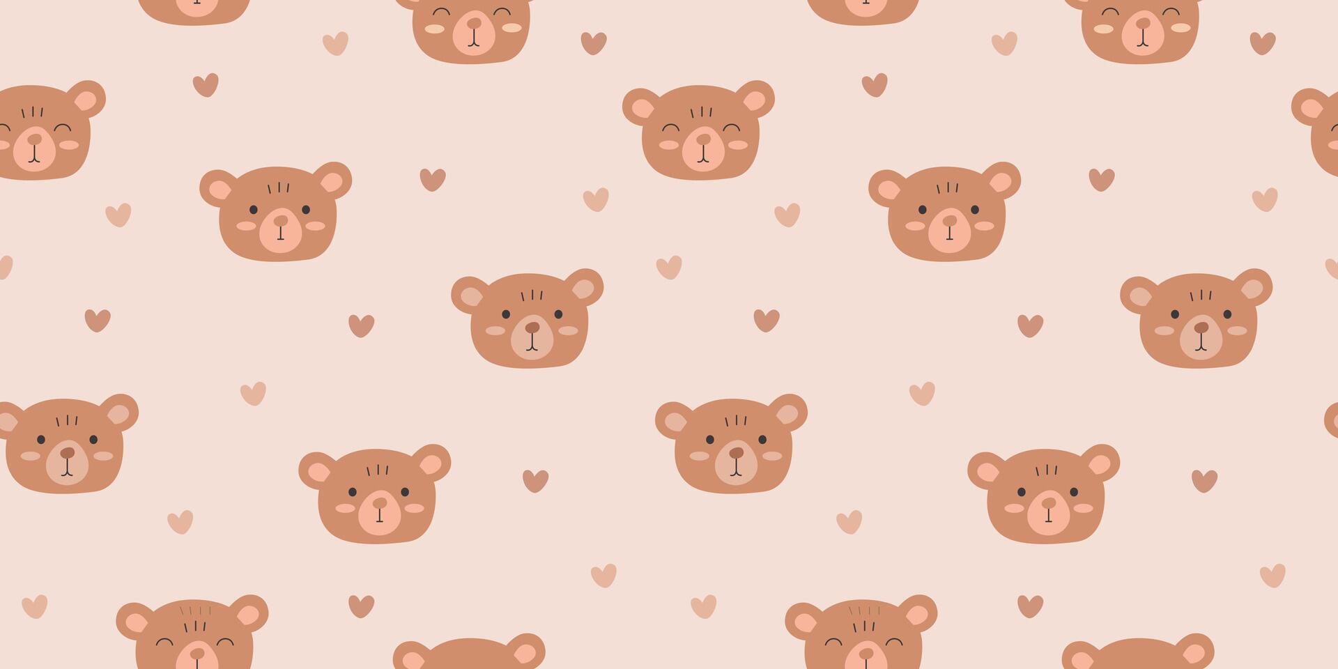 Seamless pattern with smile teddy, cute bear character faces, hearts in scandinavian style. Cartoon boho illustration for textile, fabric, print design, wallpaper, gift paper vector