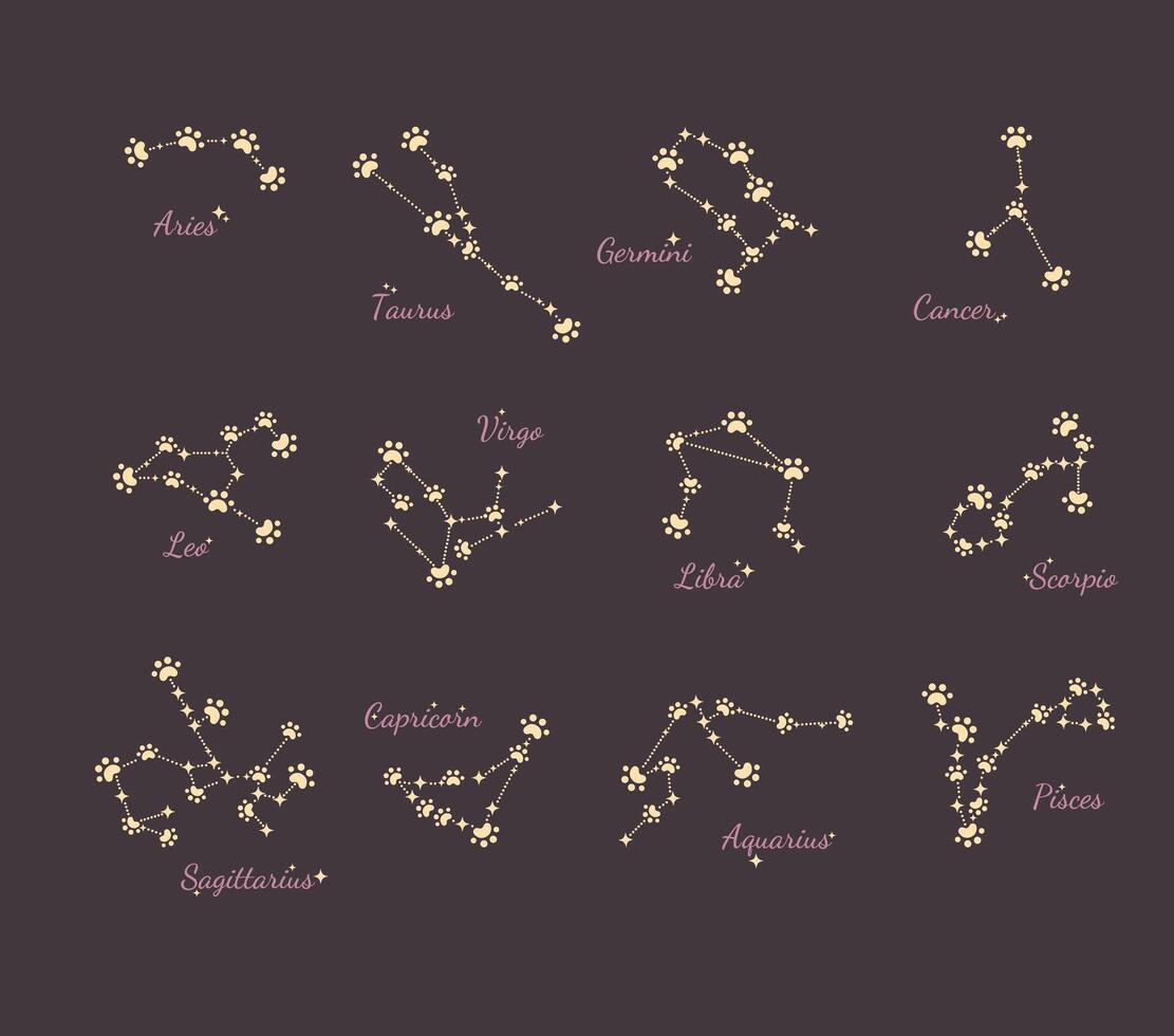Paw constellations. Set of twelve zodiac signs in shape of star-paw. Astrological signs illustration on dark background vector