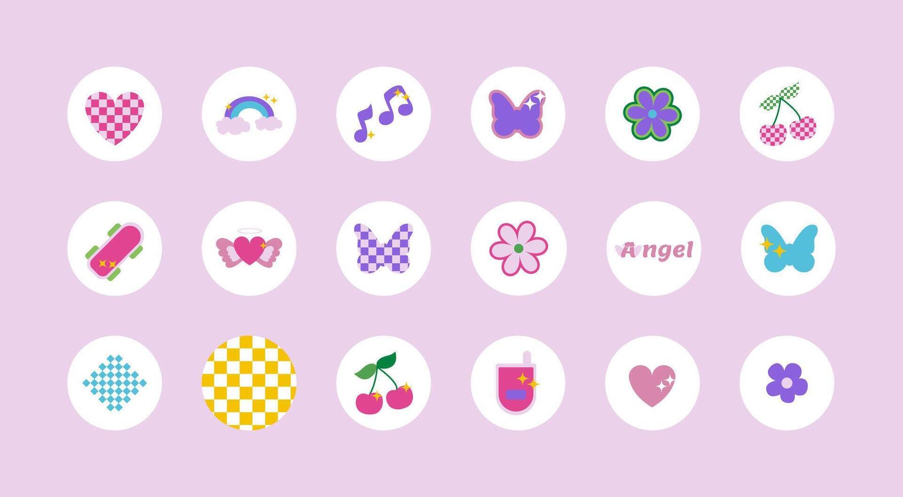 Set of highlights cover in y2k style. Templates icons collection for social media, design stickers, story buttons. Design elements, flowers, hearts, butterfly 2000s illustration vector