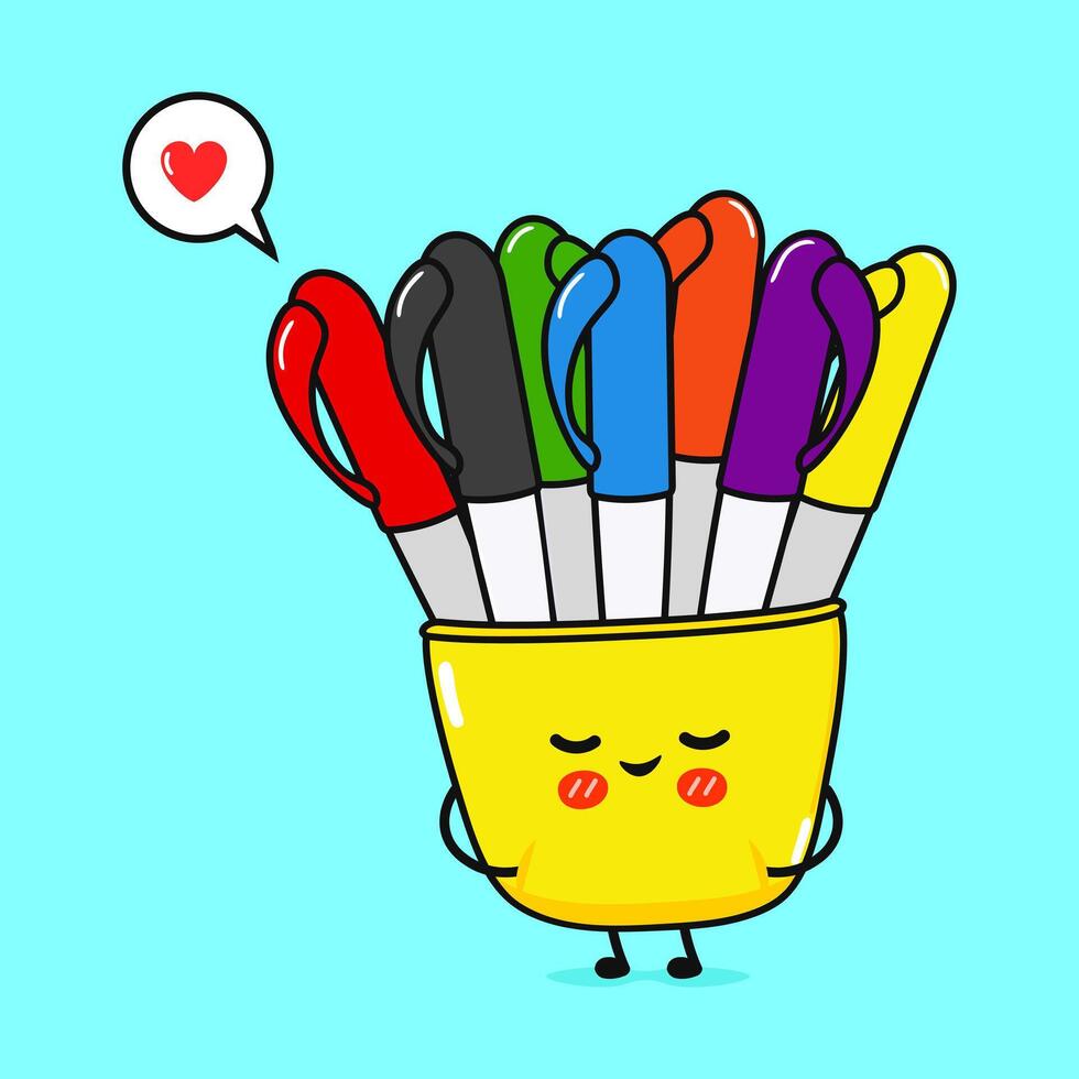 Multi-colored pens in love character. hand drawn cartoon kawaii character illustration icon. Isolated on blue background. Multi-colored pens character concept vector