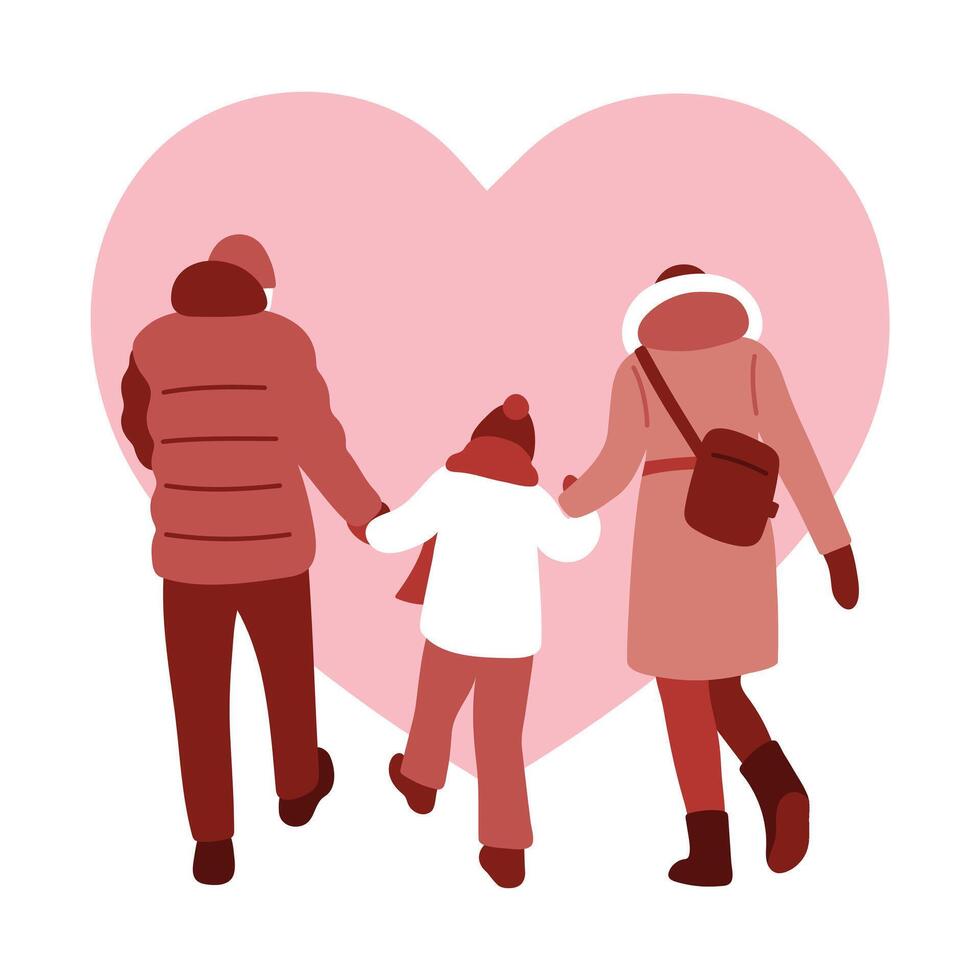 Happy Family Walking Together Outside Holding Hands in Warm Clothes in Winter Time in Front of Big Heart. Healthcare, Lifestyle, Medicine or Adoption Design. Valentine's Day. illustration vector