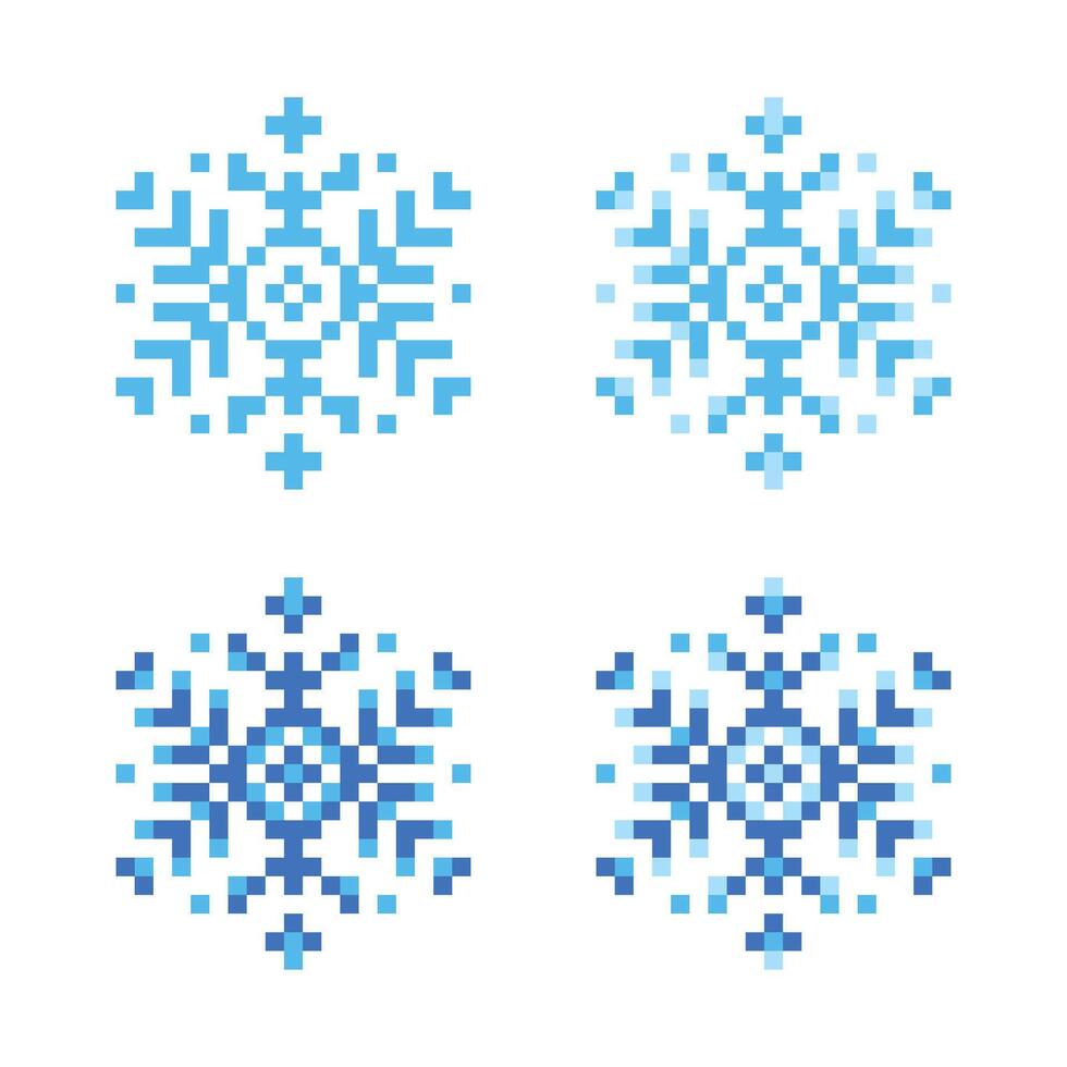 Cute Set Of 6 Sided Snowflakes 8 Bit Each One, Two Or Three Colors Isolated On White Background. Pixelated Flat Style. illustration vector