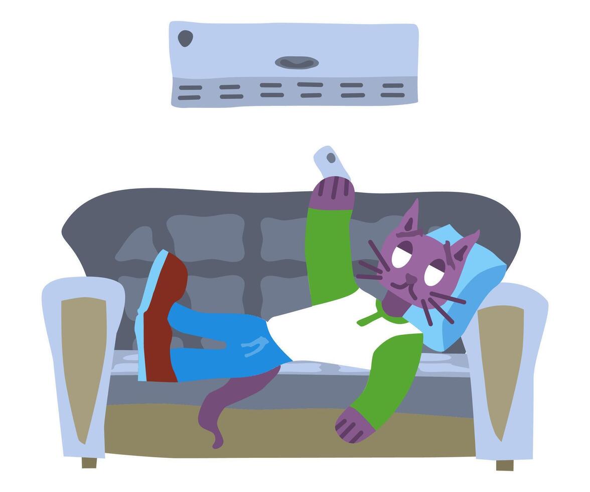 purple cat lies under air conditioner resting sofa vector