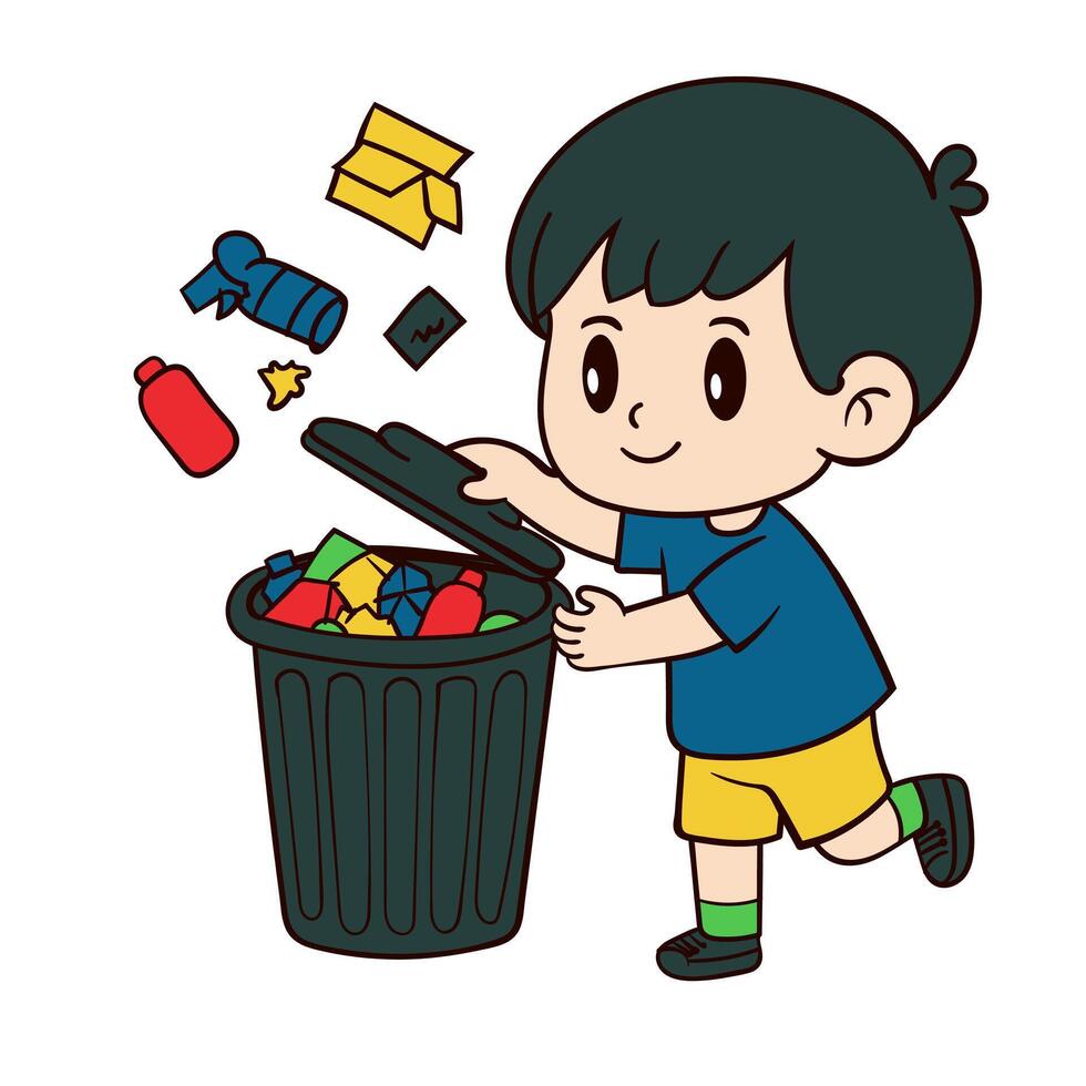 A Joyful Boy Tossing Trash into a Recycling Bin vector
