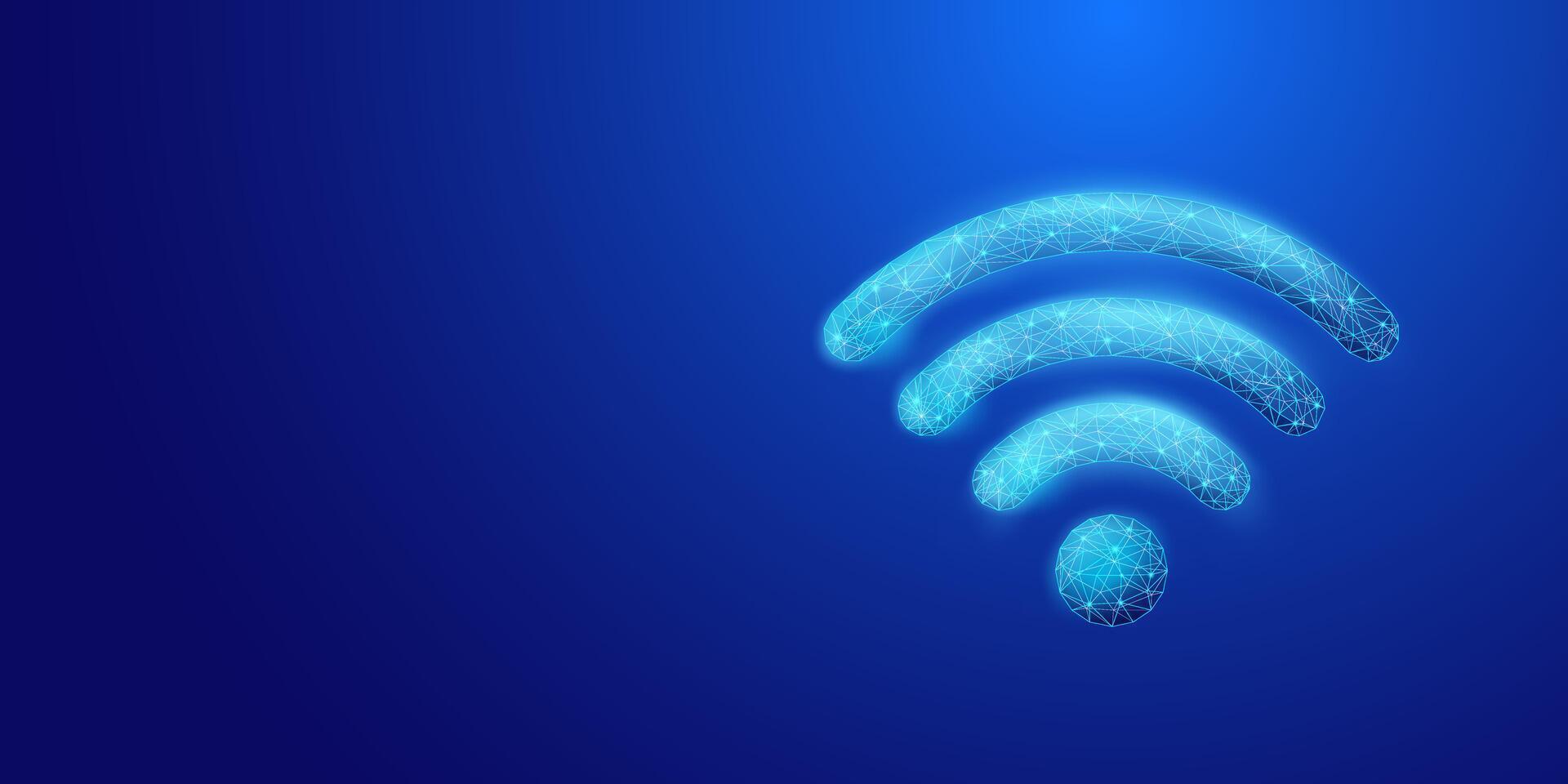 Digital wifi icon in low poly style and dark blue background suitable for web landing pages, virtual private networks, wireless connections, and the internet. vector