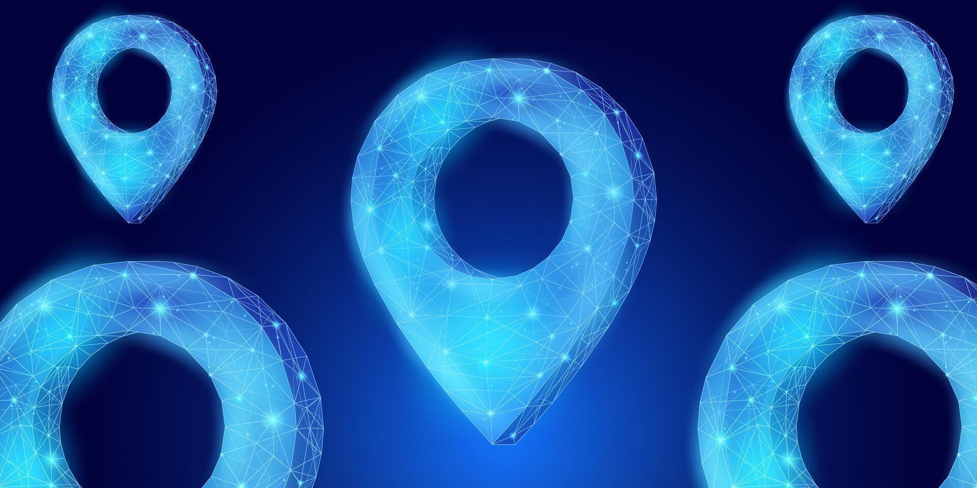 Digital GPS with low poly style, futuristic map pin pattern illustration in dark blue background suitable for presentation background, location navigator, travel, and GPS technology. vector