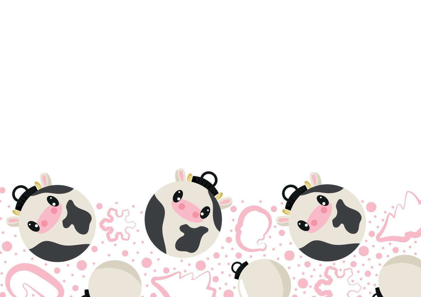 christmas or new year horizontal posters with round baubles and different christmas toys with white cow design, for different holiday ads and banners vector