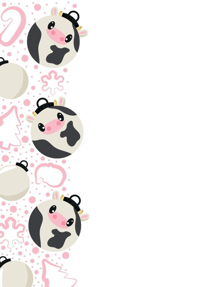 christmas or new year posters with round balls and different christmas toys with white cow design, for different holiday ads and banners vector