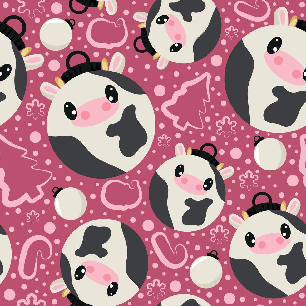 christmas or new year seamless pattern with new year balls with white cow design and other new year decorations on a pink background, for festive textiles, posters or banners vector