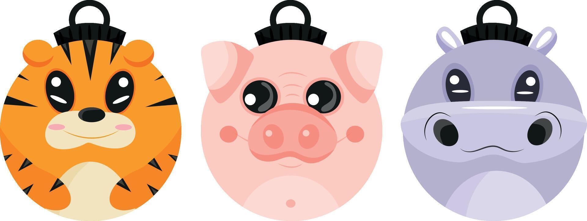 set christmas tree decoration bauble icon with orange tiger, pink pig and violet hippo, for various textiles, posters or banners vector