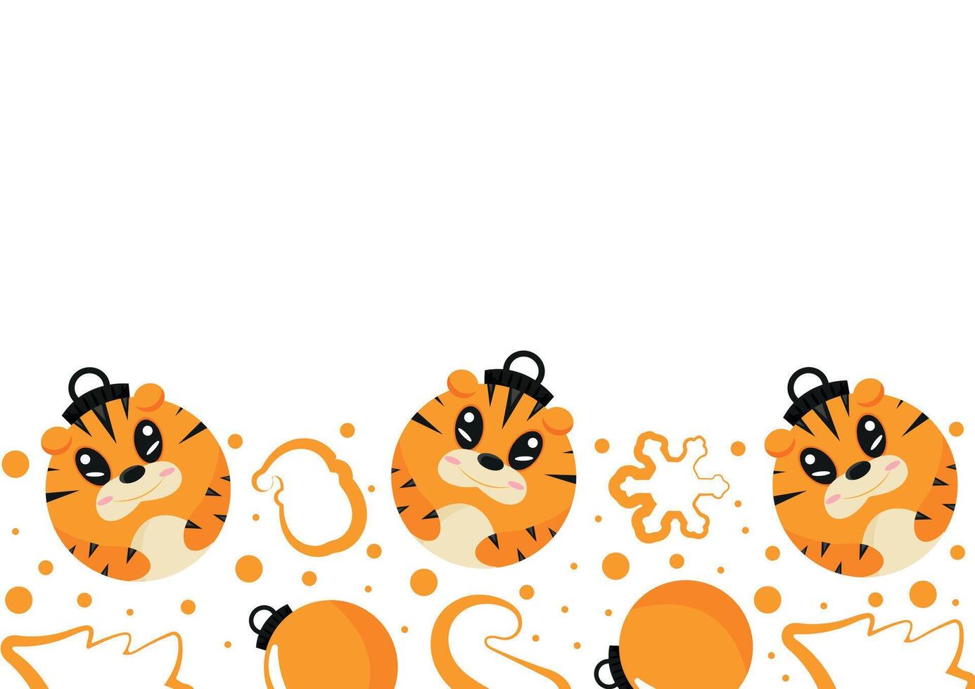 christmas or new year horizontal posters with round baubles and different christmas toys with orange tiger design, for different holiday ads and banners vector