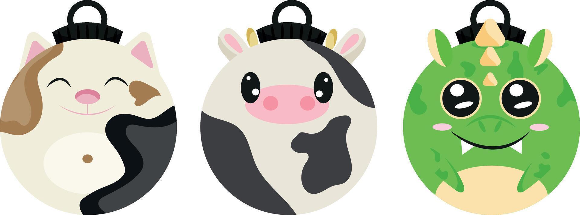 set christmas tree decoration bauble icon with white cow, white cat and green dragon, for various textiles, posters or banners vector