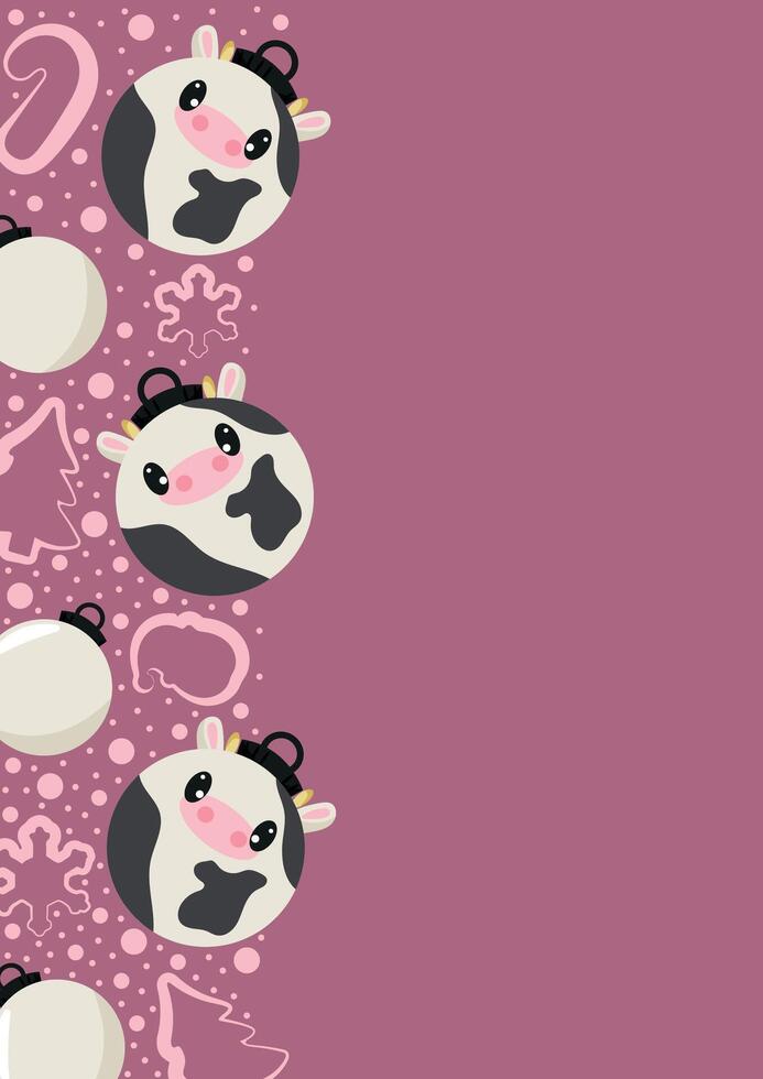 christmas or new year posters with round balls and different christmas toys with white cow design on a pink background, for different holiday ads and banner vector
