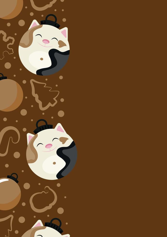 christmas or new year posters with round balls and different christmas toys with white cat design on a brown background, for different holiday ads and banners vector