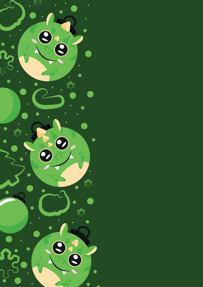 christmas or new year posters with round balls and different christmas toys with green dragon design on a green dragon, for different holiday ads and banners vector