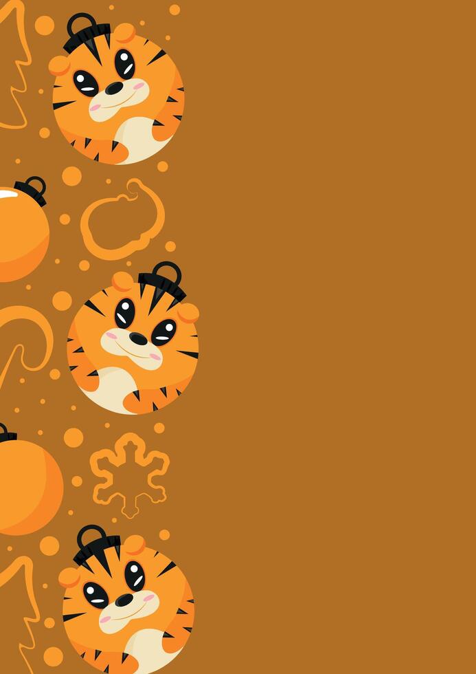 christmas or new year posters with round balls and different christmas toys with orange tiger design on a orange background, for different holiday ads and banner vector