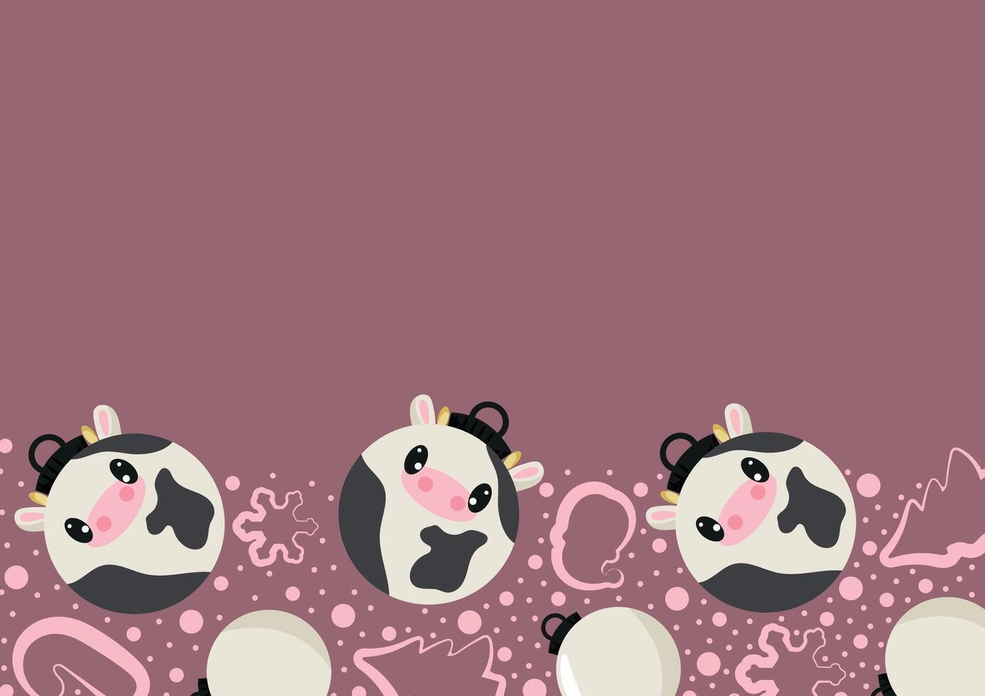 christmas or new year horizontal posters with round baubles and different christmas toys with white cow design on a pink background, for different holiday ads and banners vector