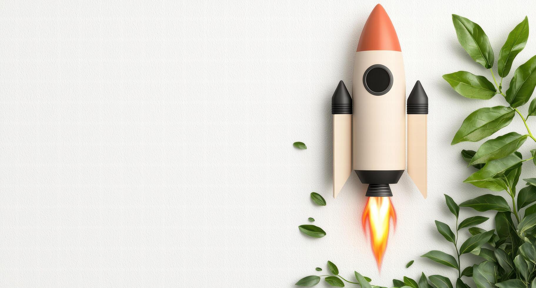 Rocket pencil with green leaves on white background photo