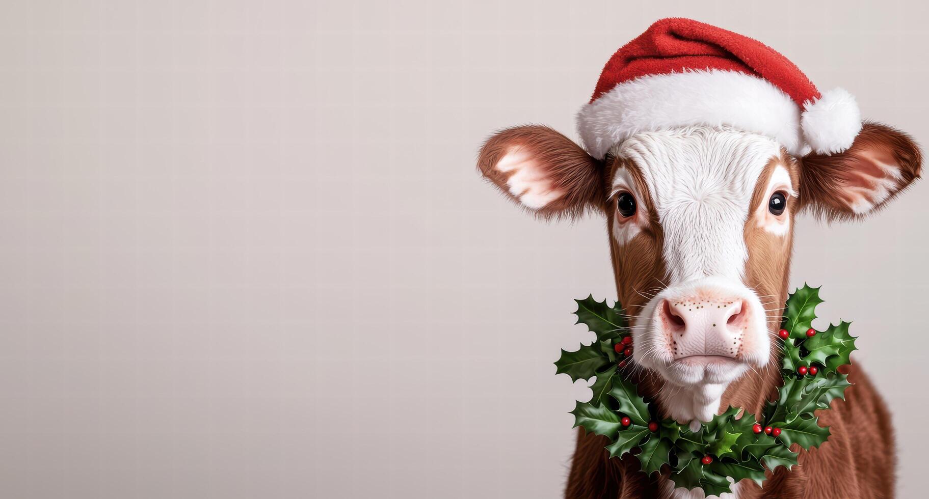 festive cow wearing santa hat and holly wreath photo