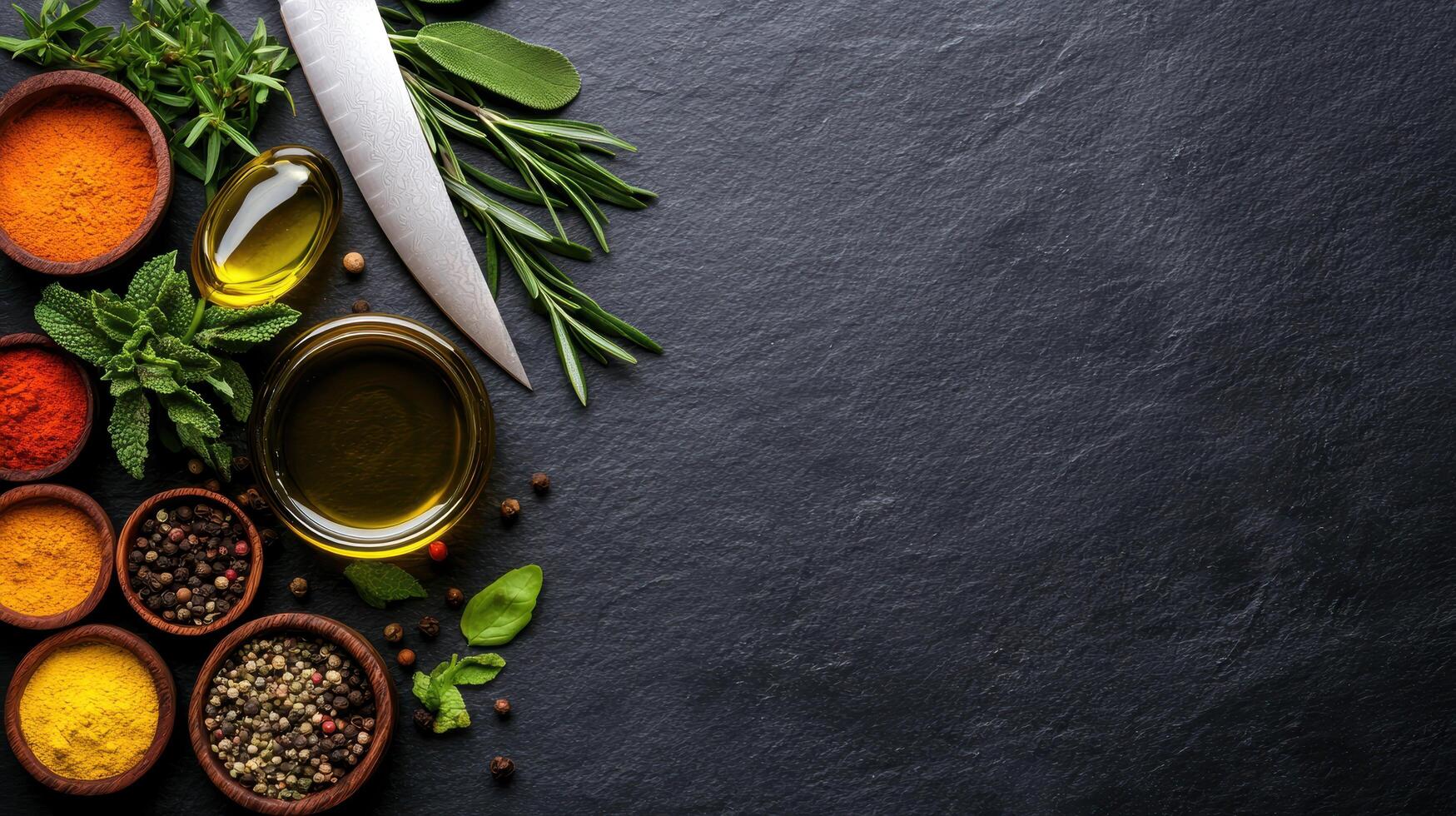 Assortment of fresh herbs, spices, and olive oil on a dark slate background photo