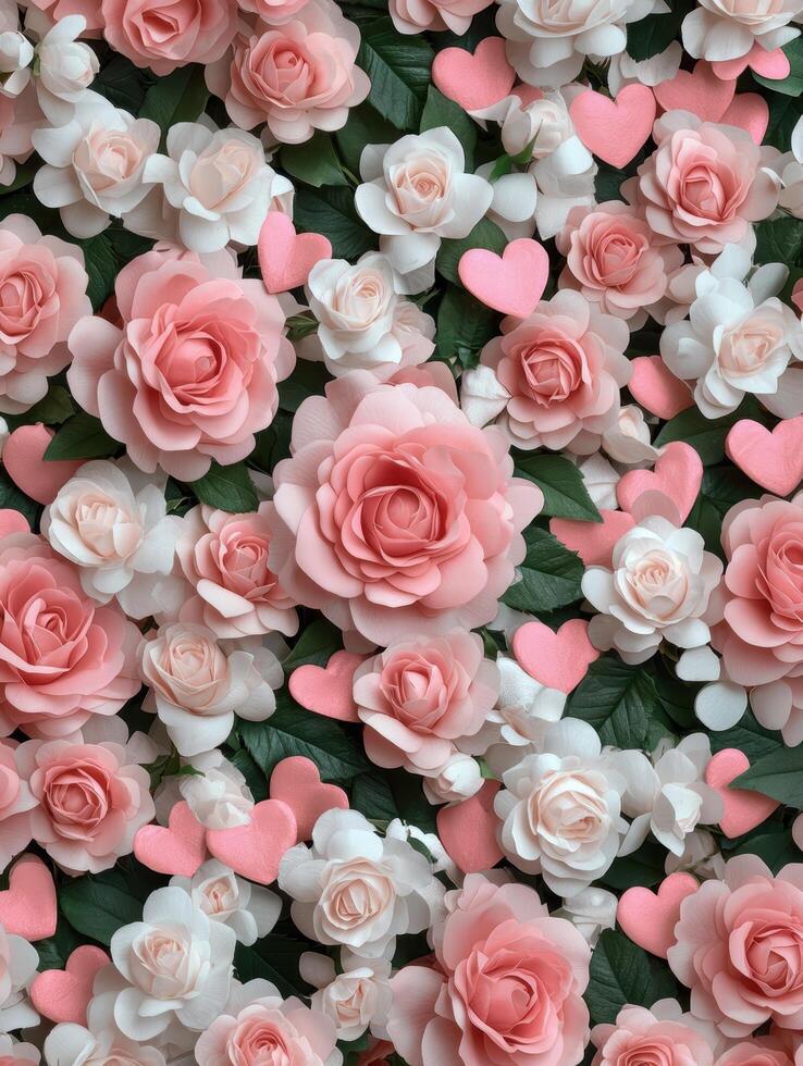 beautiful pink roses and hearts background photo