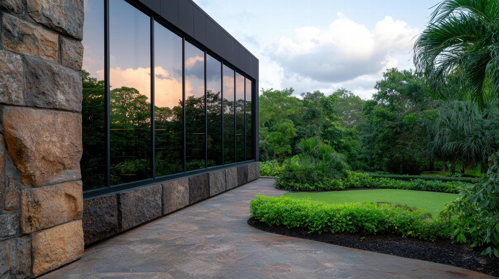Scenic tropical garden with glass wall overlooking lush greenery photo