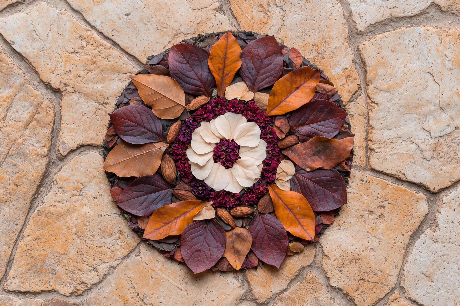 Autumn leaves and flowers arranged in a circular pattern photo