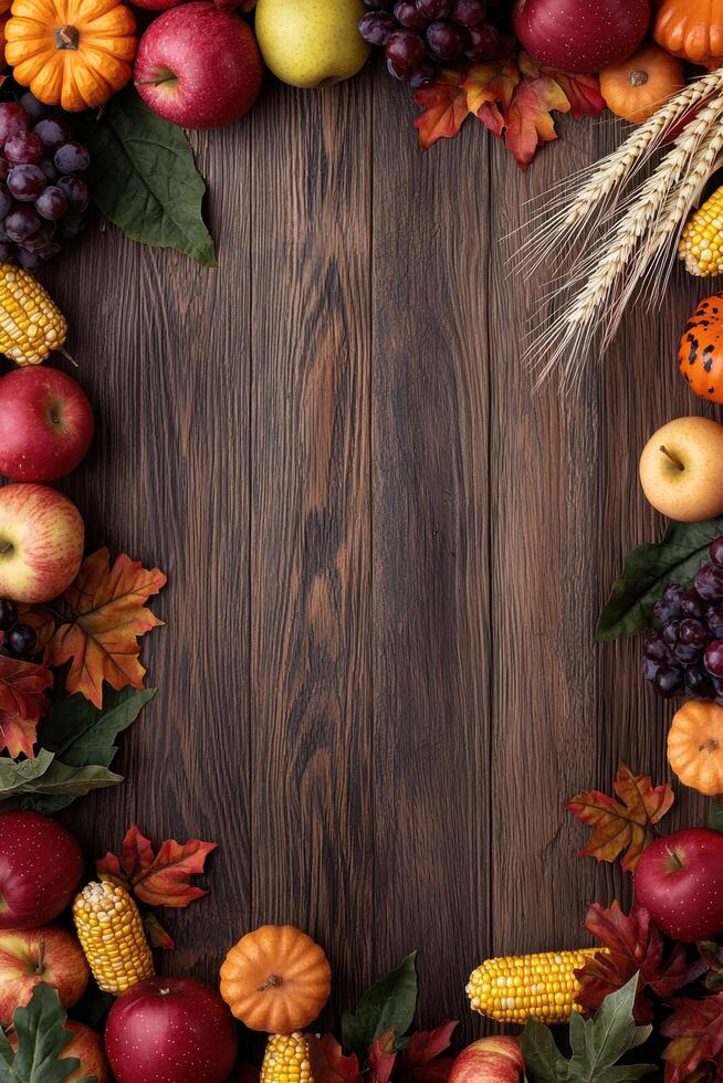 Autumn harvest frame with fruits, vegetables, and fall leaves photo