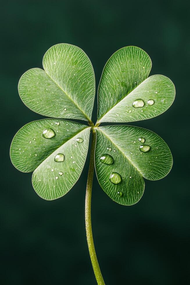 Close up of a four leaf clover with water droplets photo