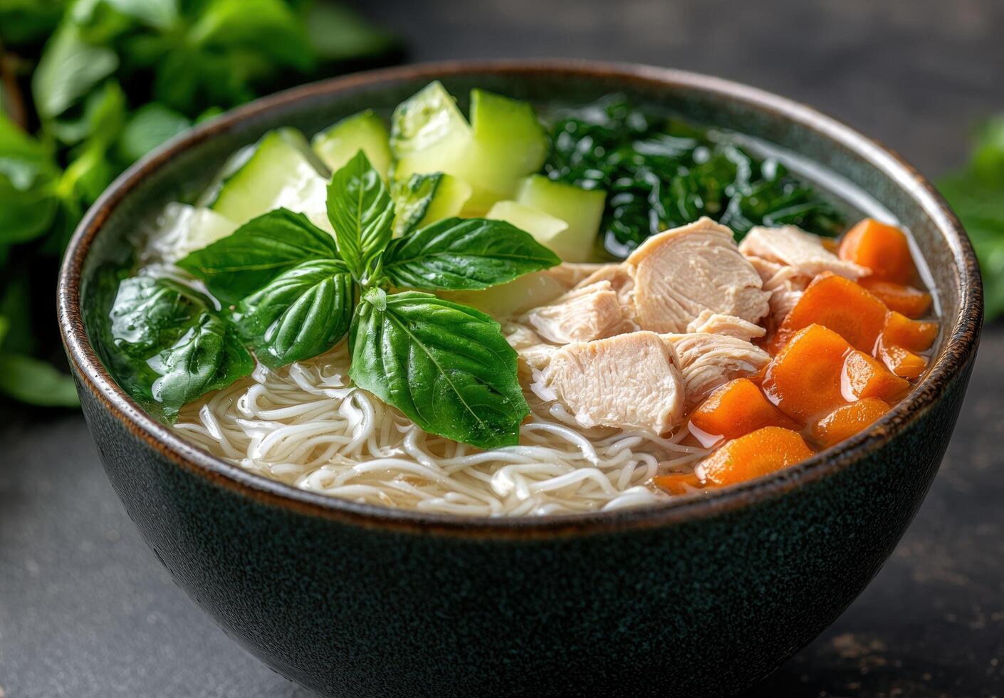 Delicious asian noodle soup with chicken and vegetables photo