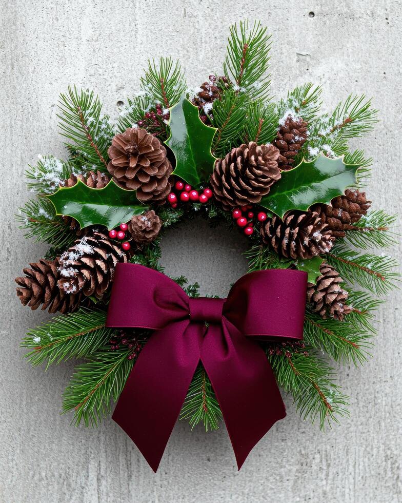 festive christmas wreath with pine branches, pinecones, and red berries photo